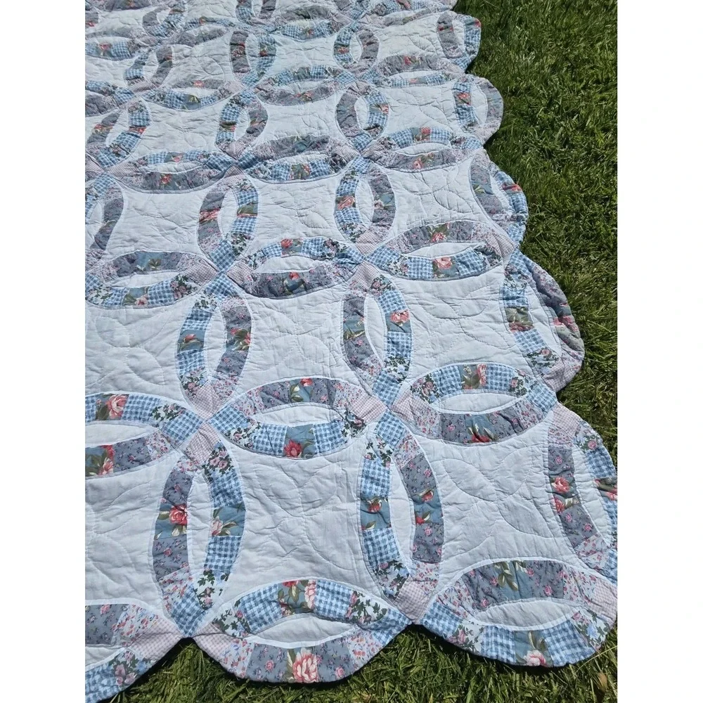 Handmade vintage double wedding ring quilt blue floral gingham Heirloom Cottage